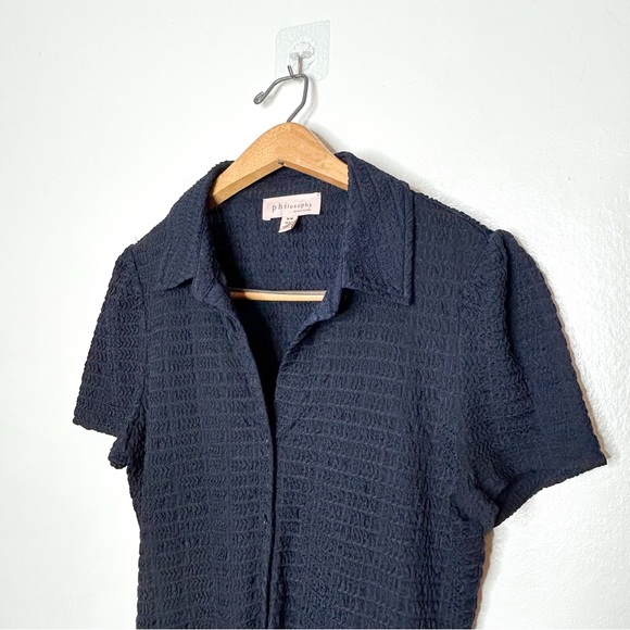 Philosophy Womens‎ Textured Short Sleeve Button Front Shirt Navy Blue Medium M - Picture 3 of 8